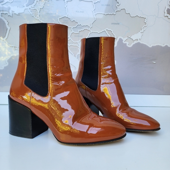 Dries Van Noten Italy Camel/Rust Patent Leather Boots Size...